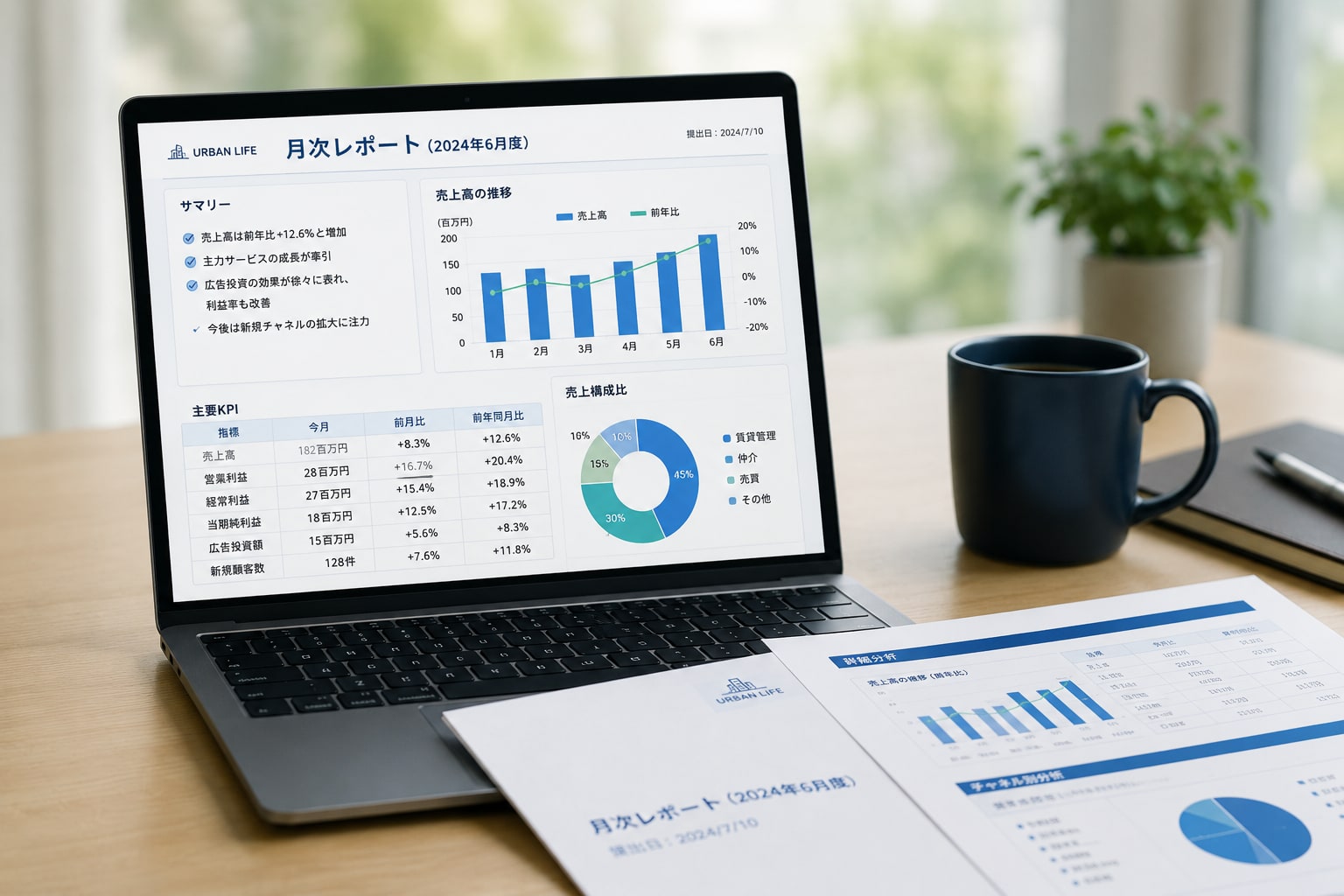 納品レポートを確認しながら相談しているシーン